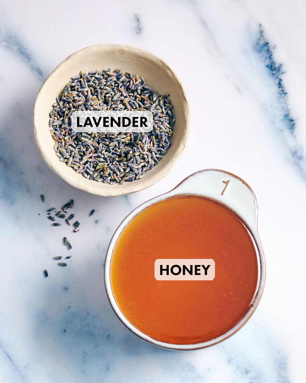 Ingredients to make infused lavender honey including dried lavender.
