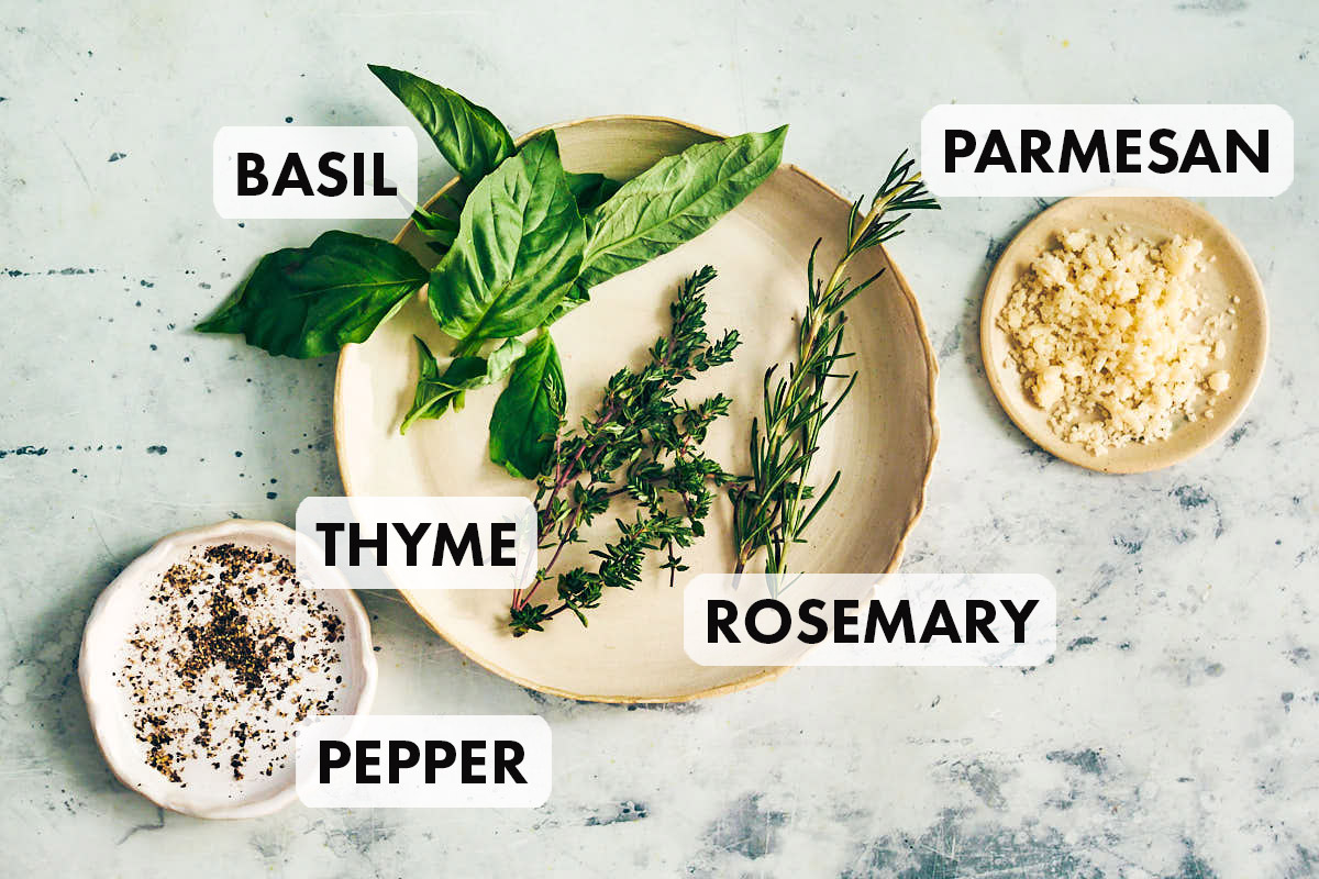 Garnish ideas for air fryer tomatoes, including fresh herbs, parmesan, and black pepper.
