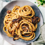 Easy Mushroom Miso Pasta without cream on dinner plate.