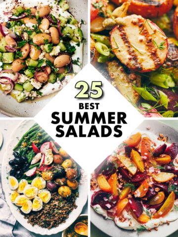 Best summer salads including: Bean Salad, Grilled Potato Salad, Vegetarian Lentil Nicoise Salad, and Beet Salad.