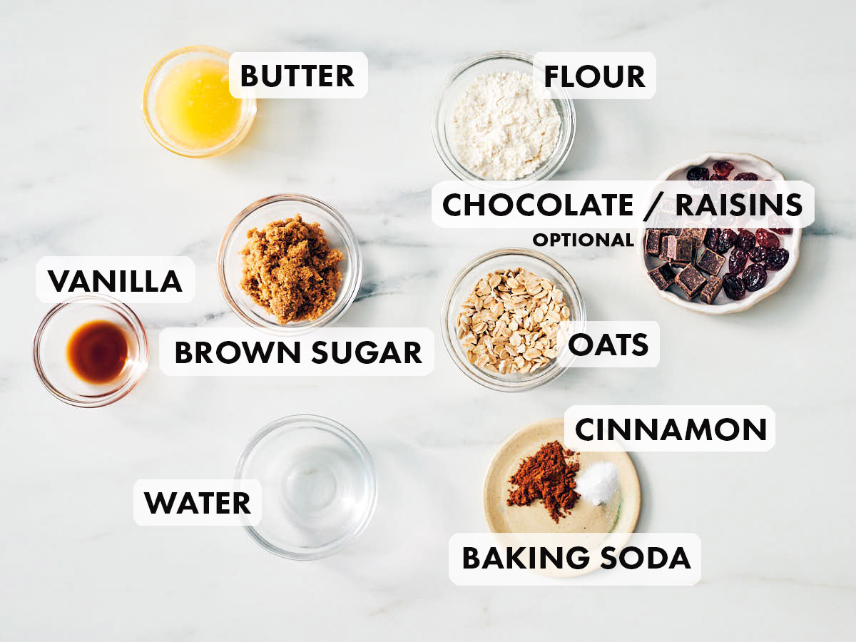 Ingredients to make the best single serve oatmeal cookie recipe.