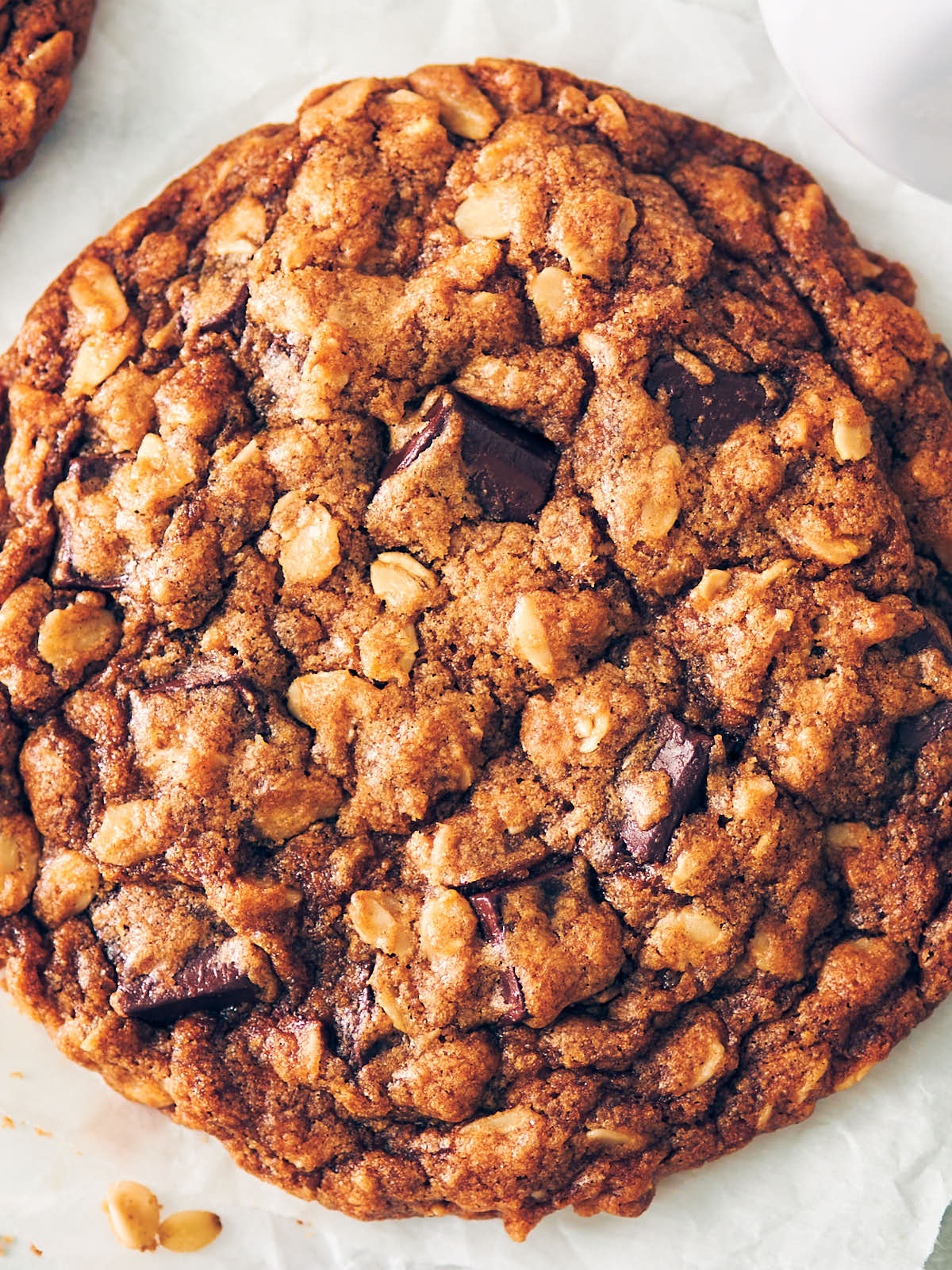 Single serving oatmeal cookie with chocolate.