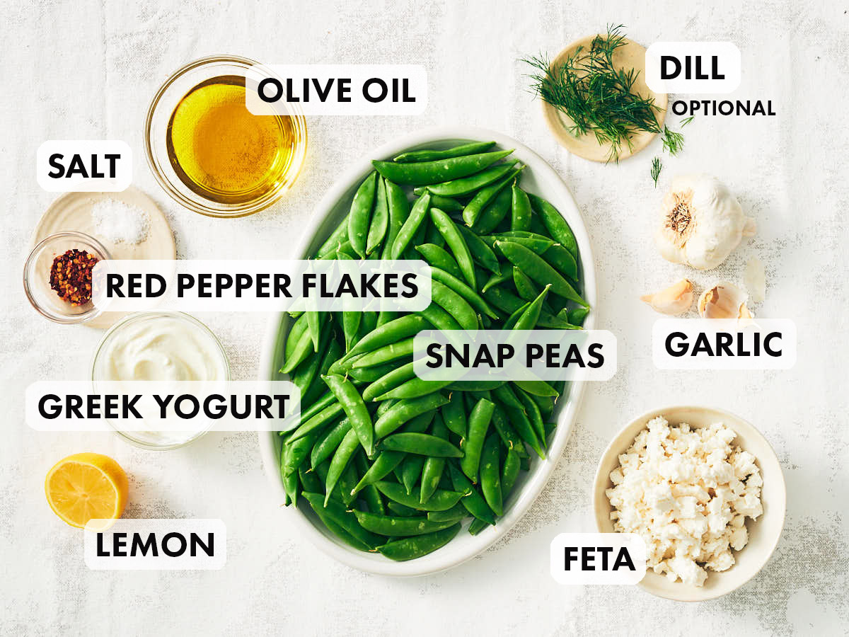 Ingredients to make spicy snap pea salad recipe.
