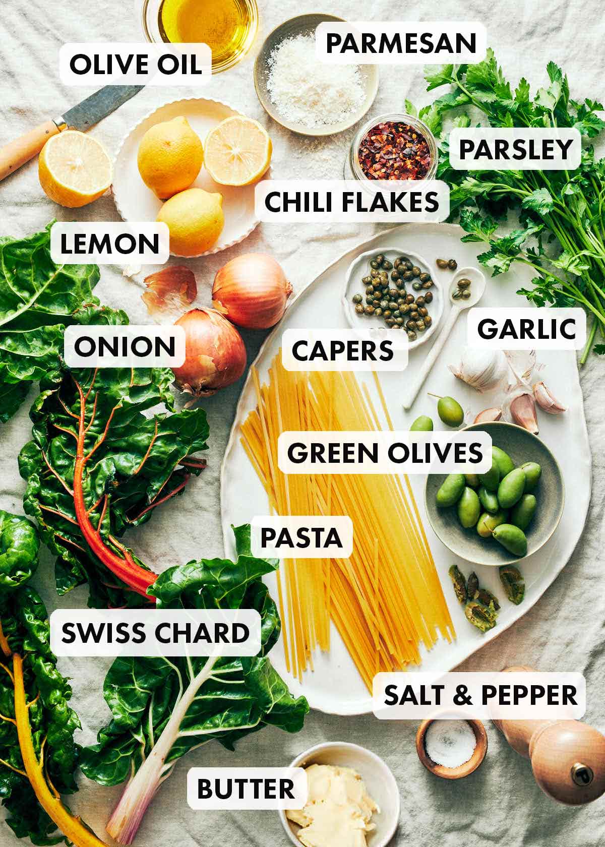 Ingredients to make Evergreen Kitchen's Swiss Chard Pasta recipe.