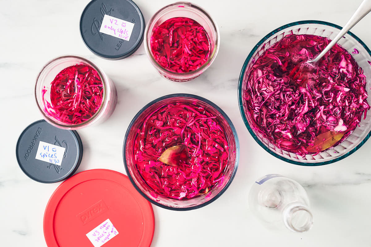 Different versions of quick pickled red cabbage from recipe testing process.
