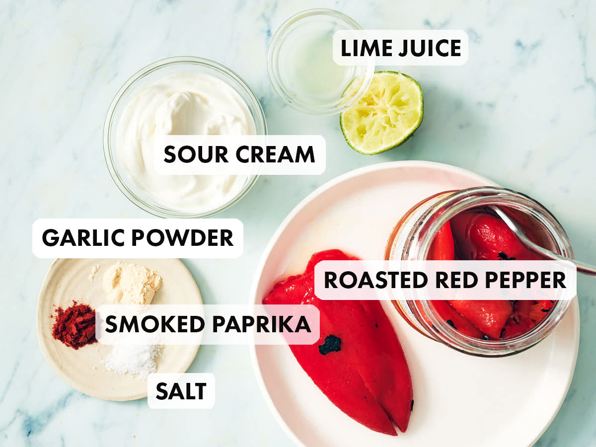 Ingredients to make smoky red pepper crema (FreshPrep copycat).