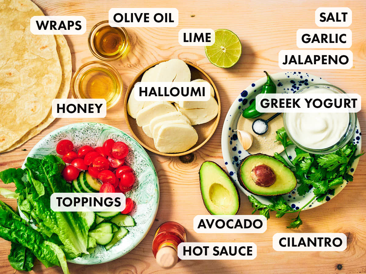 Ingredients to make Evergreen Kitchen's Halloumi Wrap recipes.