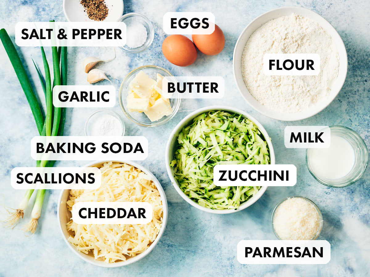 Ingredients to make Evergreen Kitchen's savory zucchini muffins.