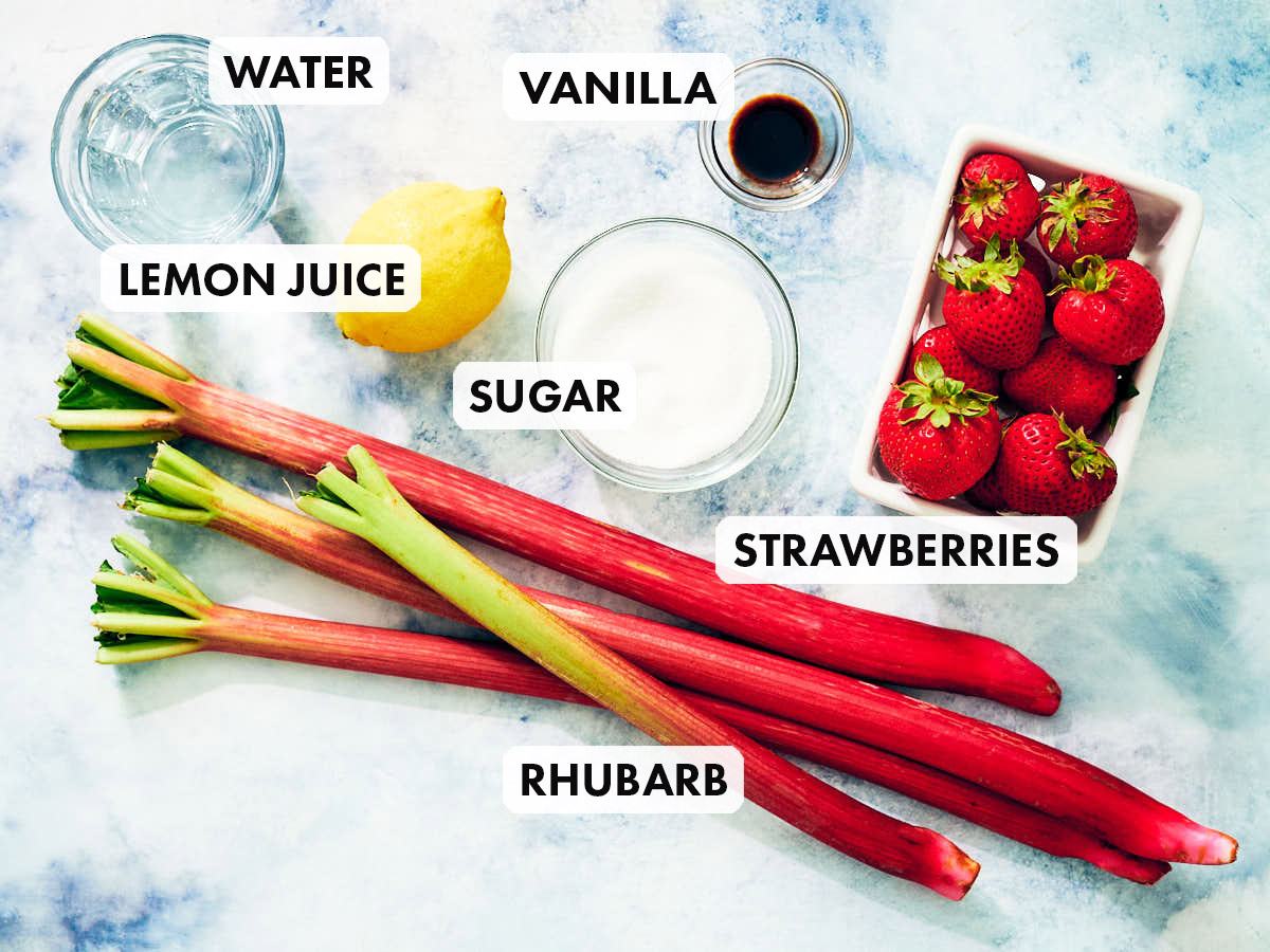 Ingredients to make Evergreen Kitchen's granita recipe with strawberries and rhubarb.