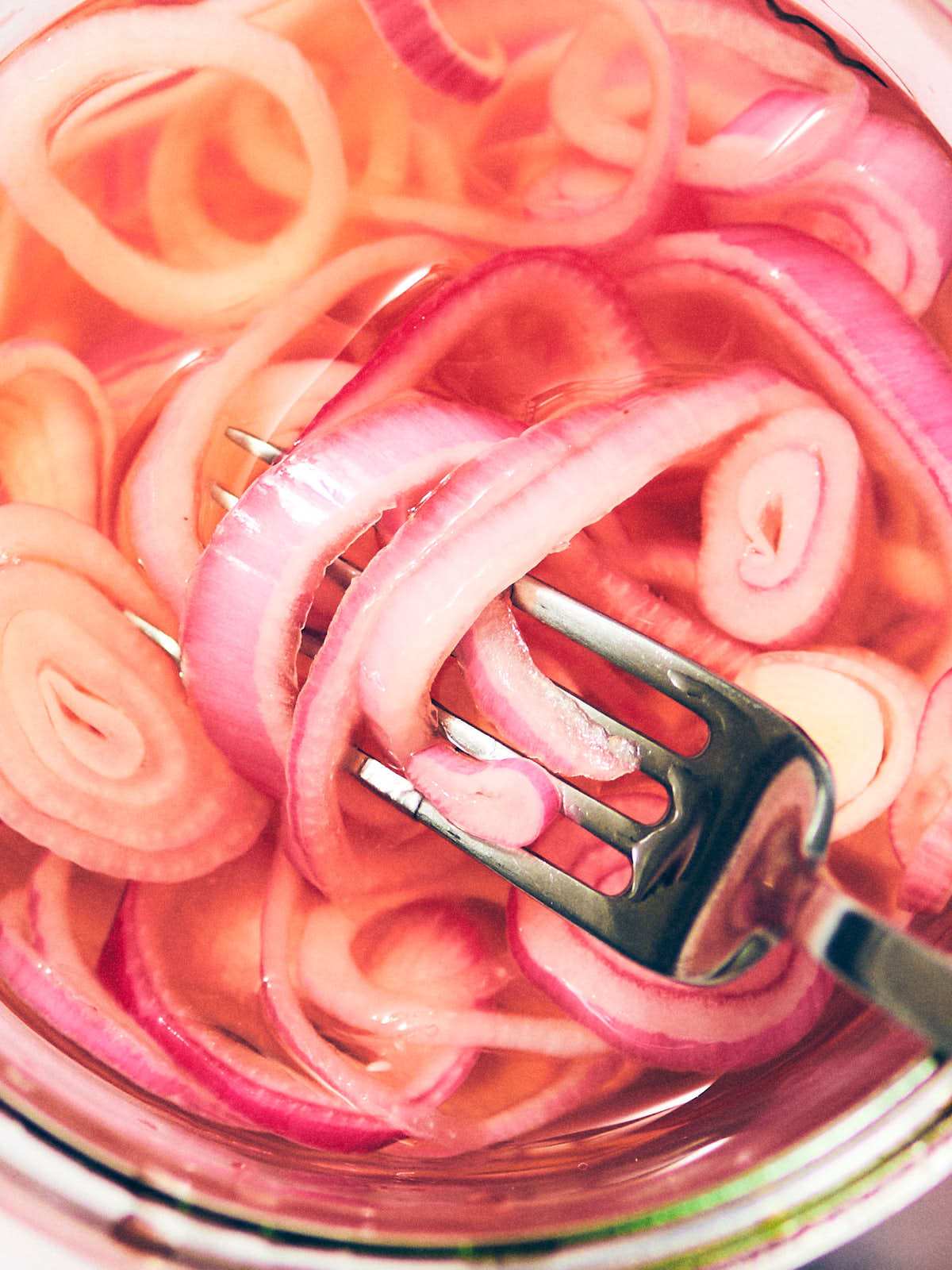 A fork scooping easy pickled shallots out of a jar.