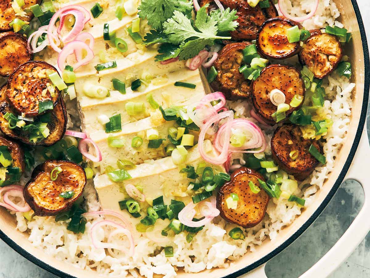 One pot coconut rice with roasted eggplant and pickled shallots from the Evergreen Kitchen cookbook.