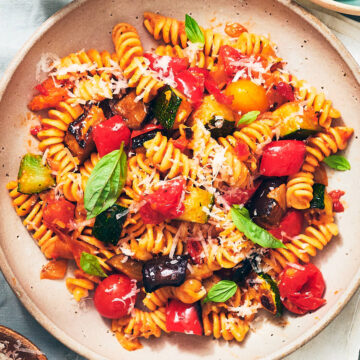 Easy Roasted Ratatouille Pasta in a bowl.