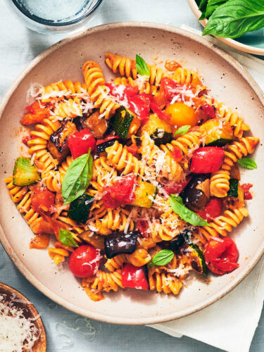 Easy Roasted Ratatouille Pasta in a bowl.