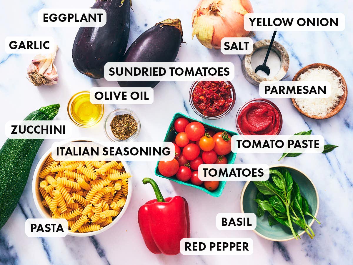 Ingredients to make Evergreen Kitchen's Ratatouille Pasta recipe, including eggplant, zucchini and tomatoes.