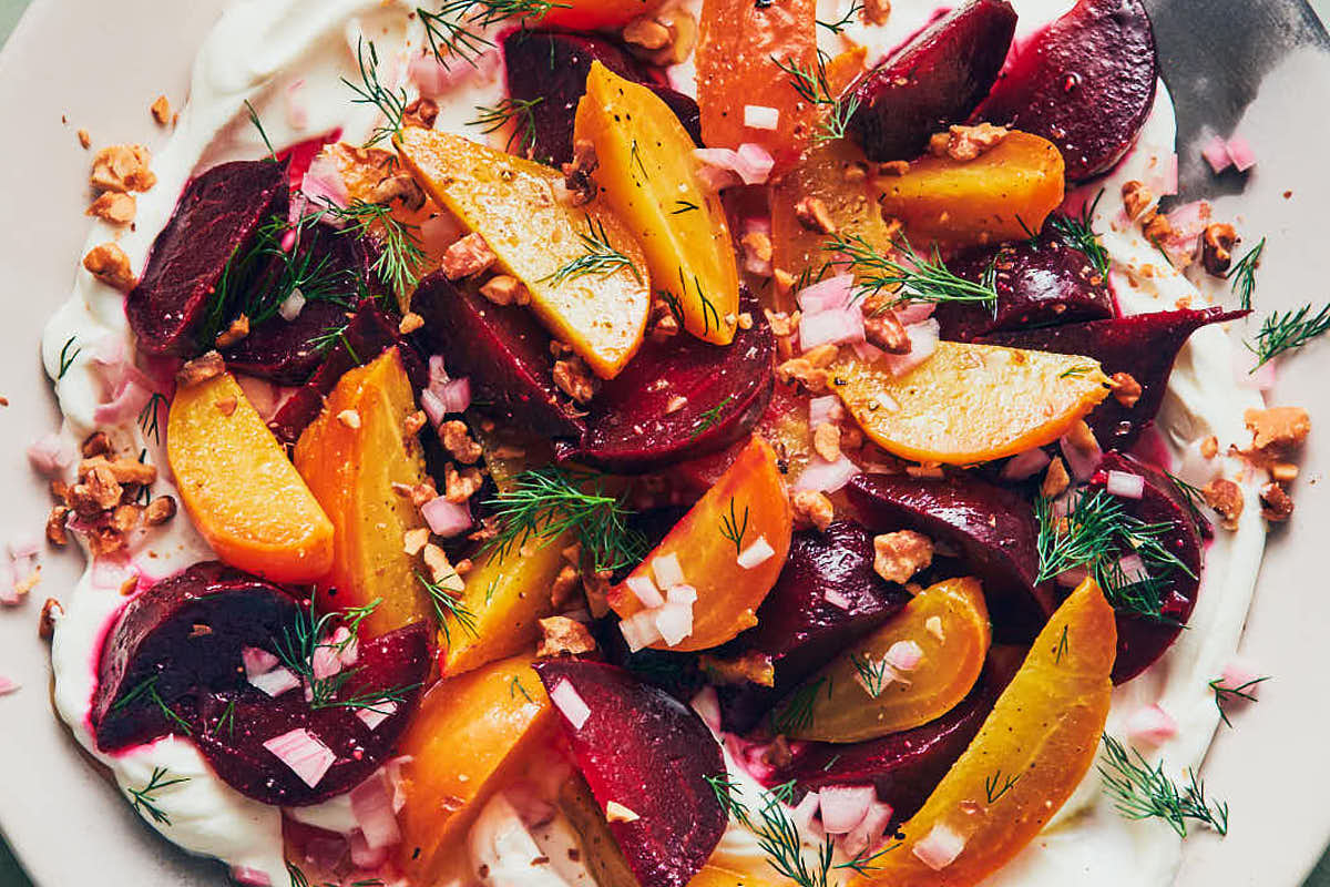 Roasted beet salad with labneh, dill, and shallots.