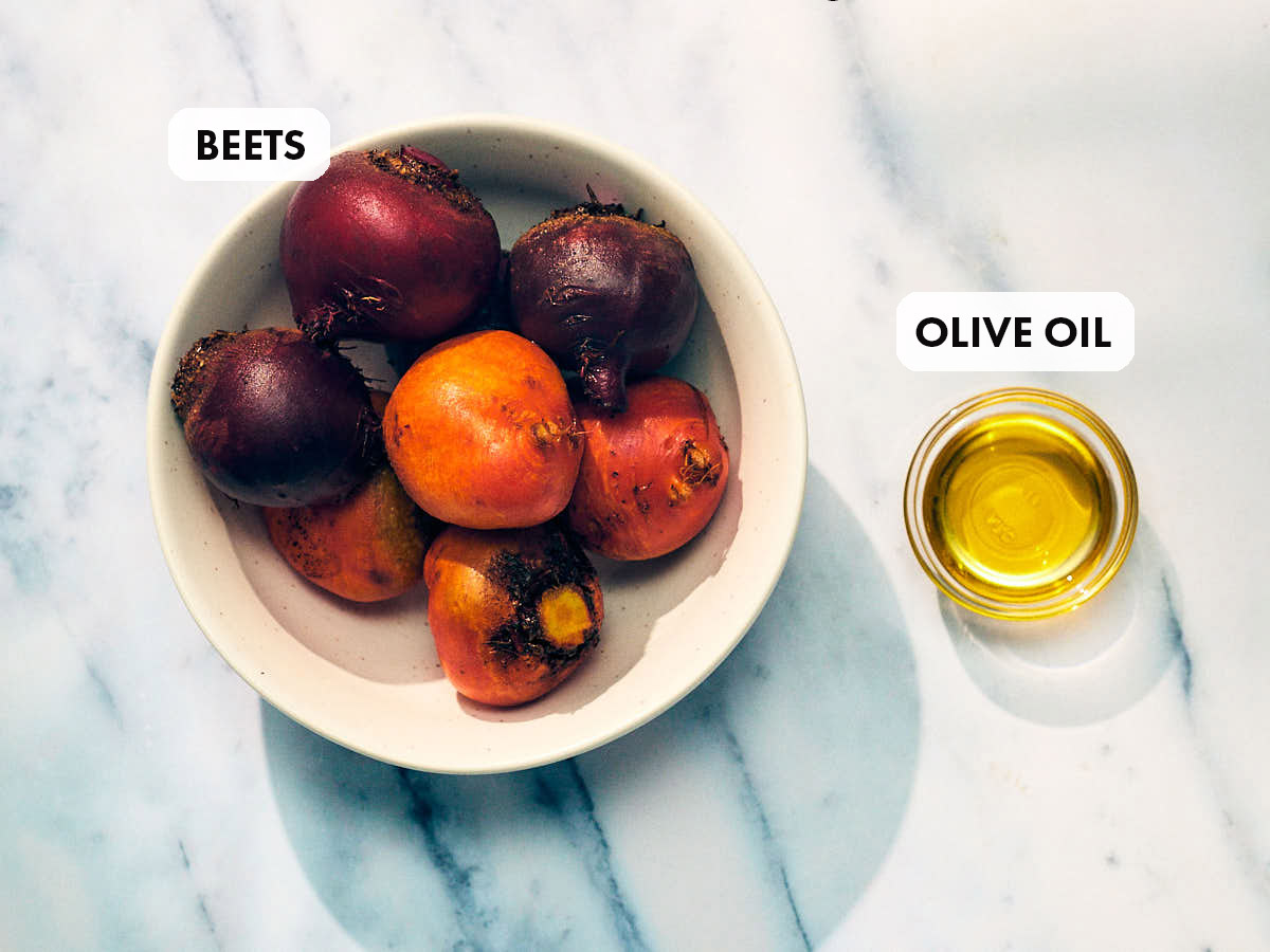 Two ingredients to make air fryer beets (beets, olive oil).