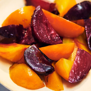 Air fryer beets (red and golden beets) in a bowl.