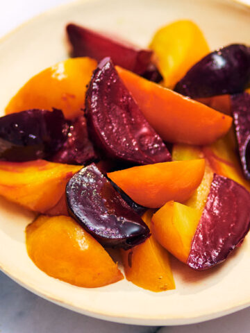 Air fryer beets (red and golden beets) in a bowl.