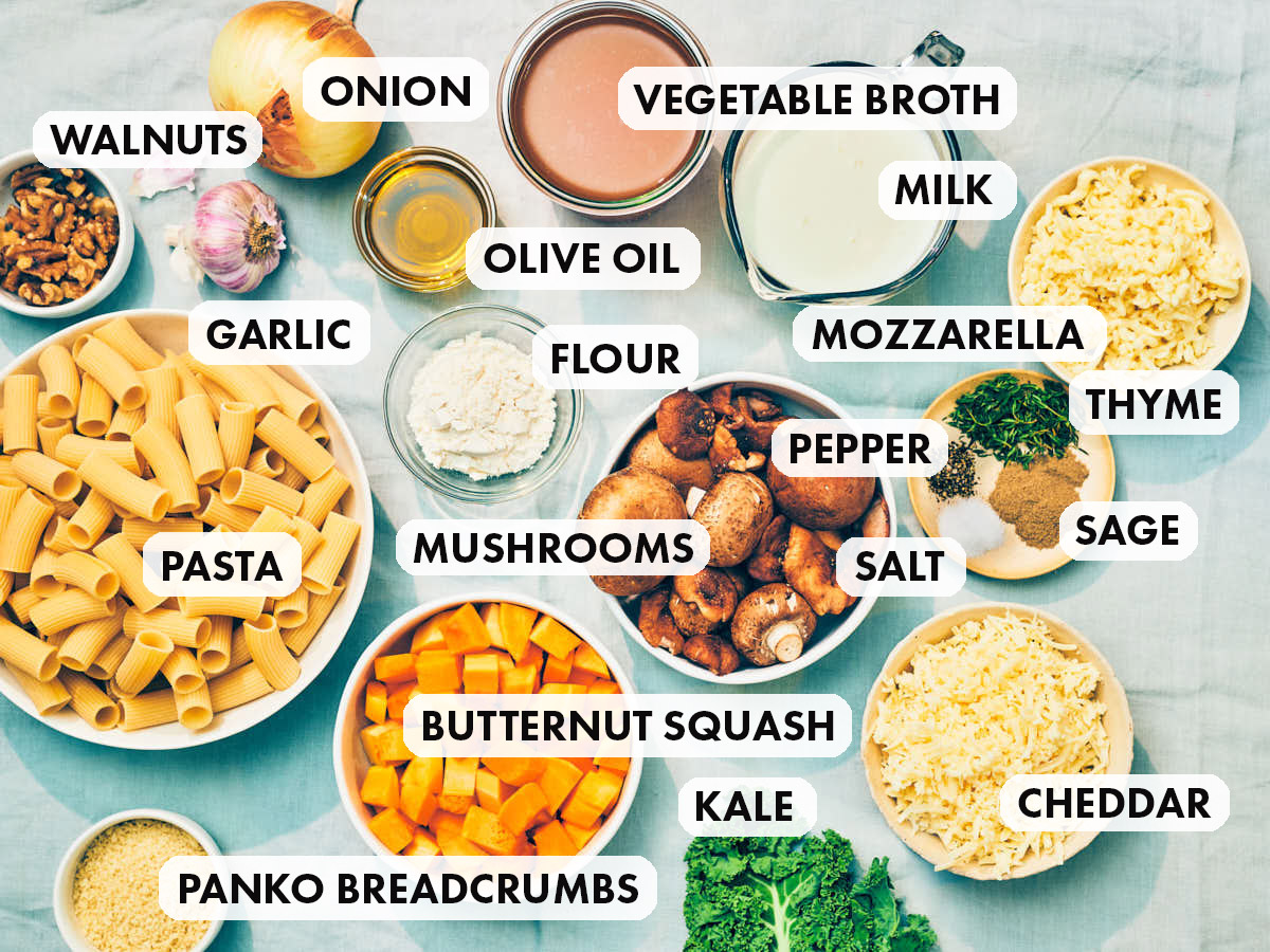 Ingredients to make vegetarian Cheesy Butternut Squash baked pasta.