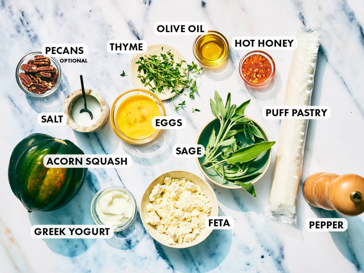 Ingredients to make a squash tart with puff pastry and whipped feta.