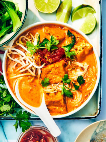 Vegan Laksa Soup with noodles and tofu in a bowl with a spoon.