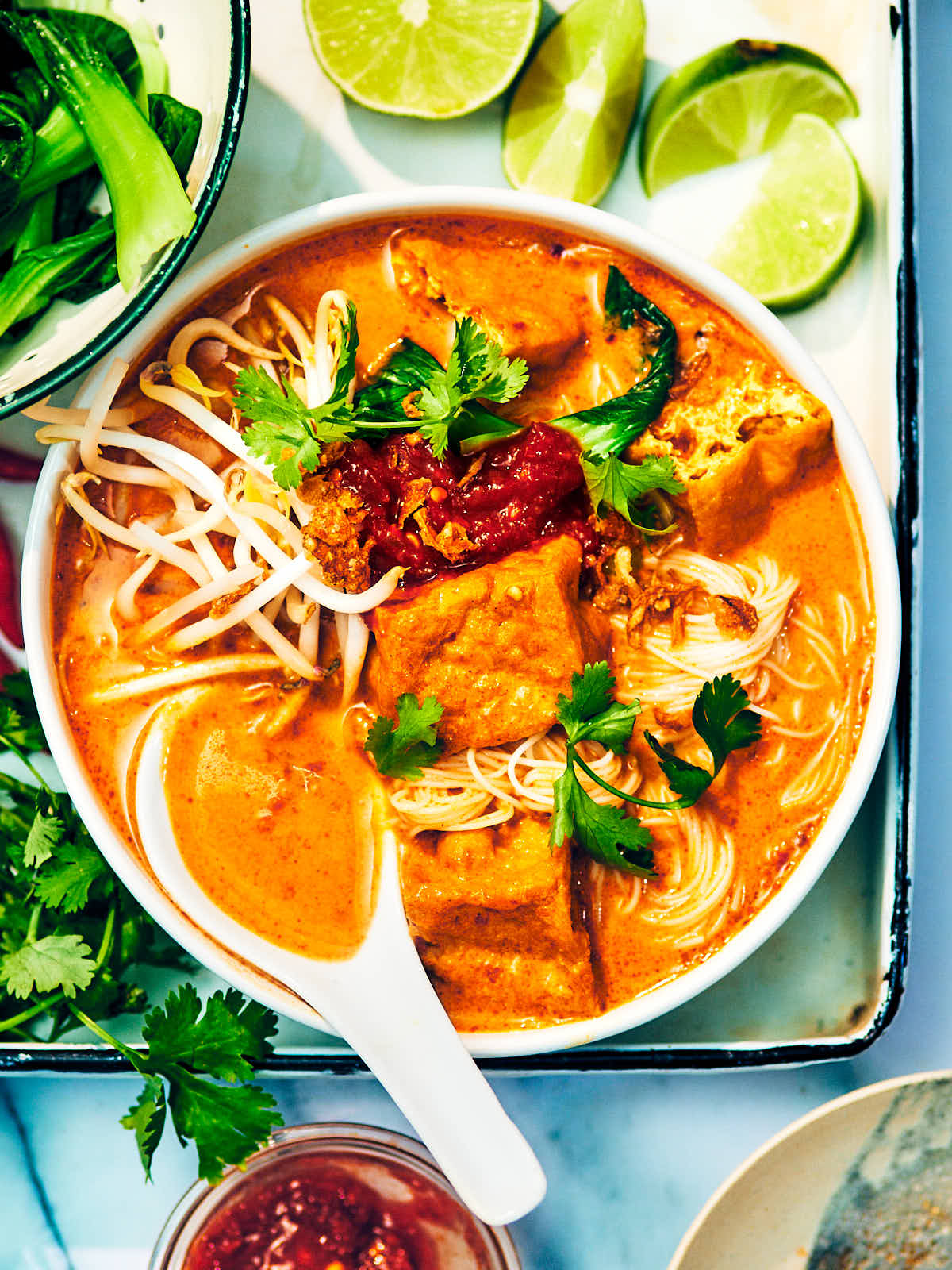 Vegan Laksa Soup with noodles and tofu in a bowl with a spoon.