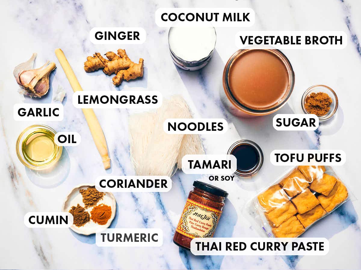 Ingredients to make Evergreen Kitchen's vegan laksa soup recipe.