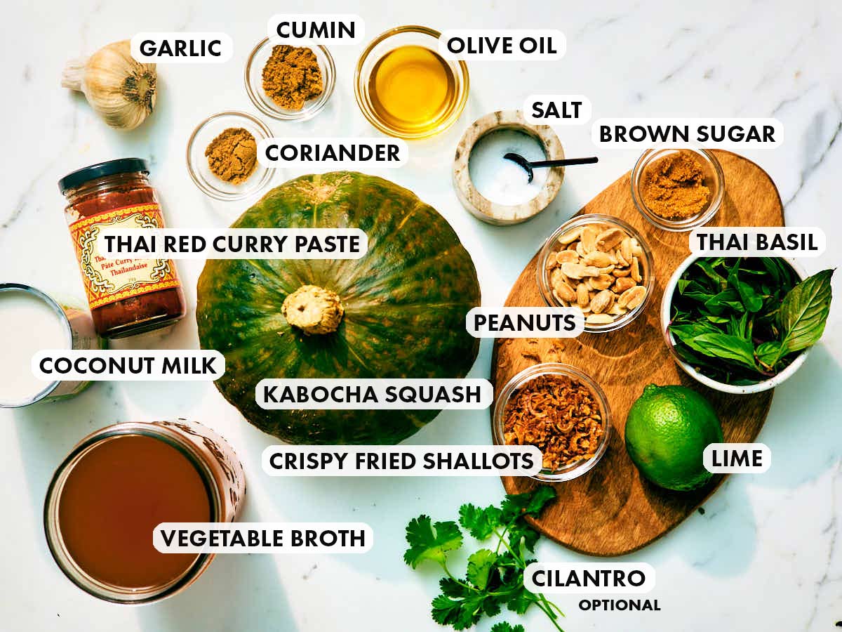 Ingredients to make vegan and vegetarian Kabocha Squash Soup with coconut milk.