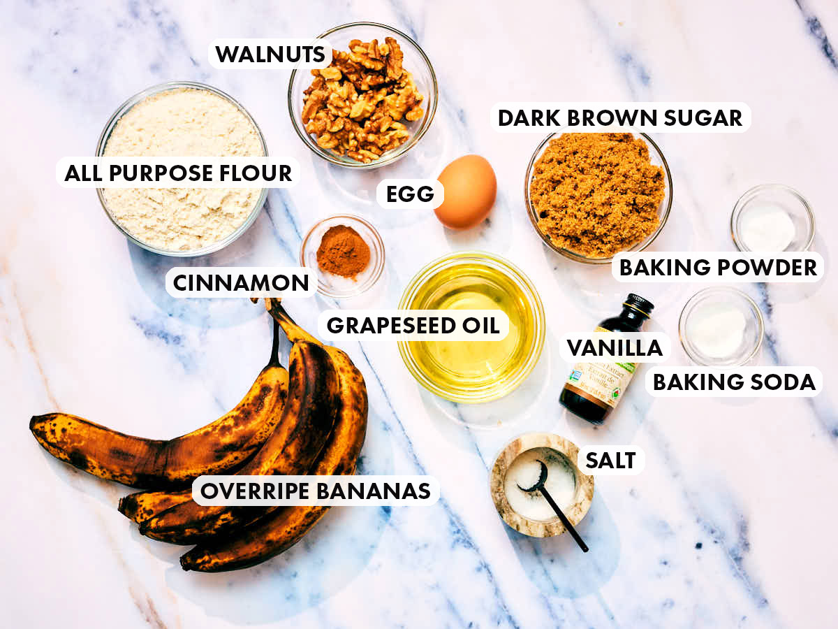 Ingredients to make moist banana bread mini muffins with walnuts.