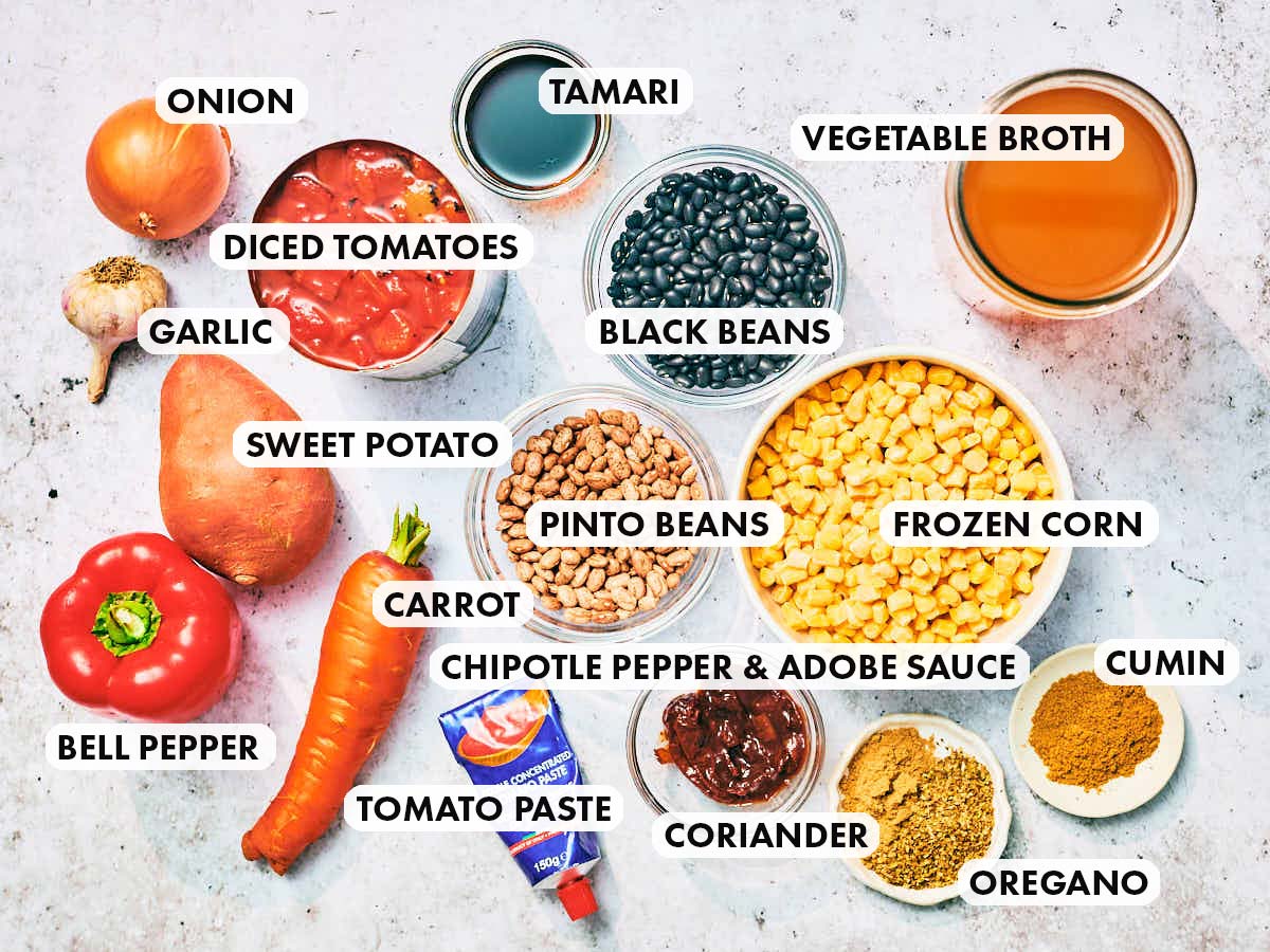 Ingredients to make the easiest, vegan, gluten-free Instant Pot Vegetarian Chili.