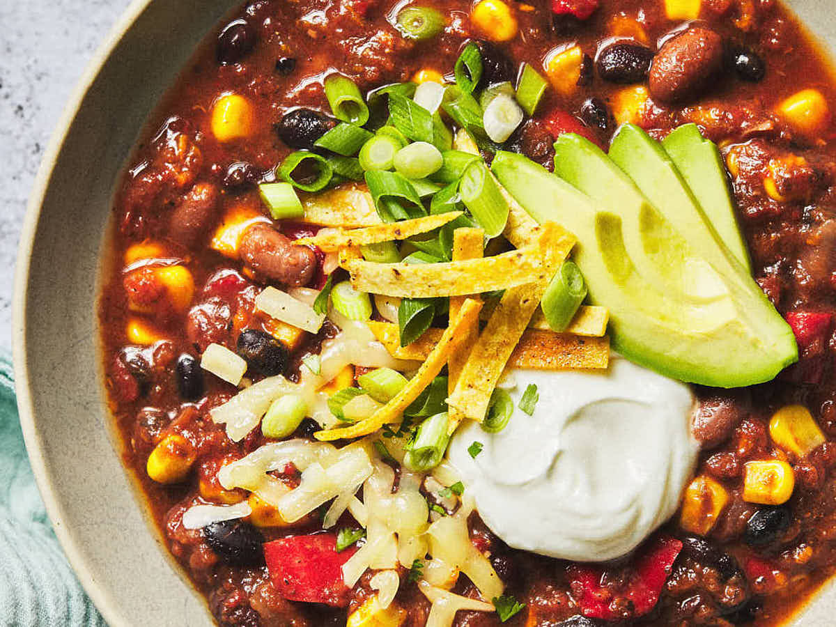 Instant Pot Vegetarian Chili in a bowl with toppings.