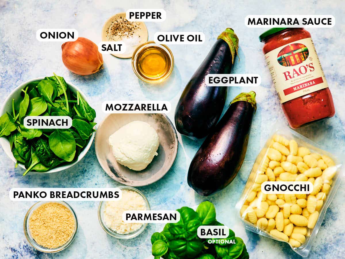 Ingredients to make the best vegetarian Tomato Gnocchi Bake with Eggplant and Parmesan.