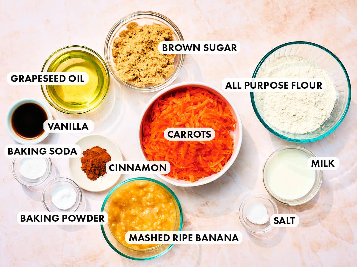 Ingredients to make easy vegan Banana Carrot Muffins.