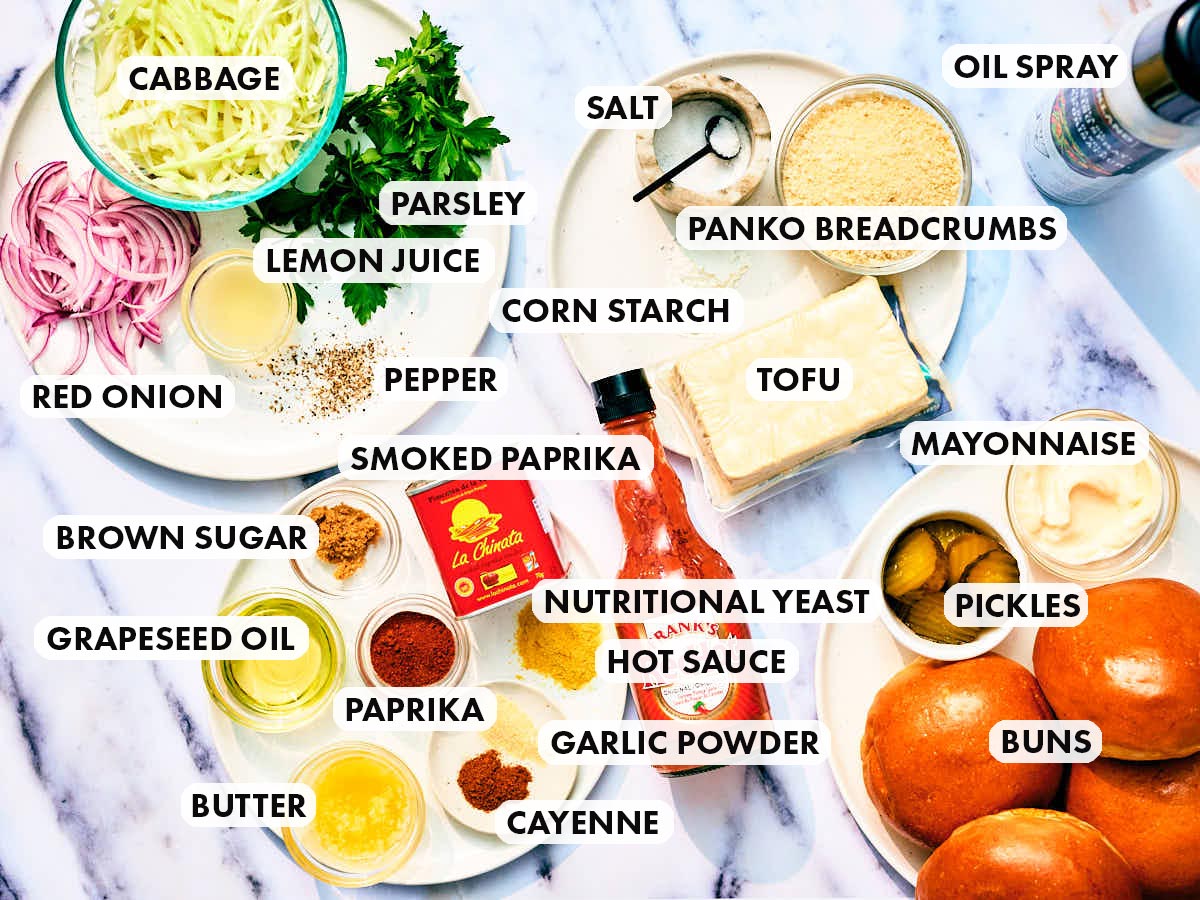 Ingredients to make a vegan Nashville style Hot Tofu Sandwich.