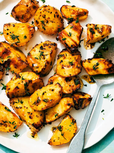 Air Fryer Parsnips with honey and mustard on a serving plate