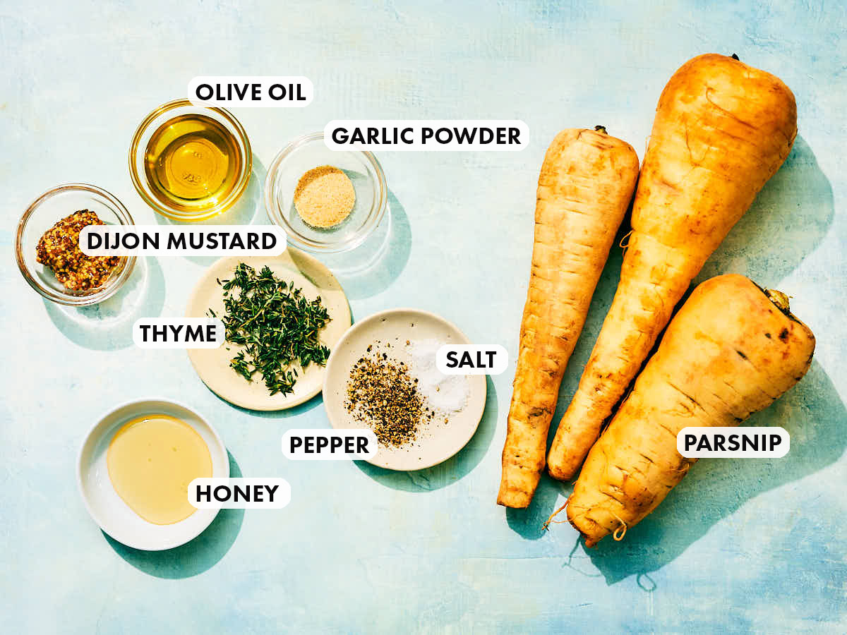 Ingredients to make easy Air Fryer Parsnips with honey and mustard.
