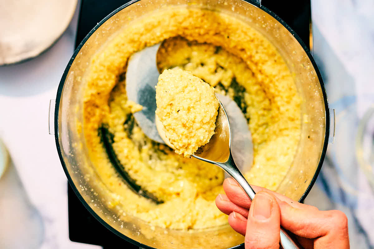 Lemon Pesto made without pine nuts in a food processor.