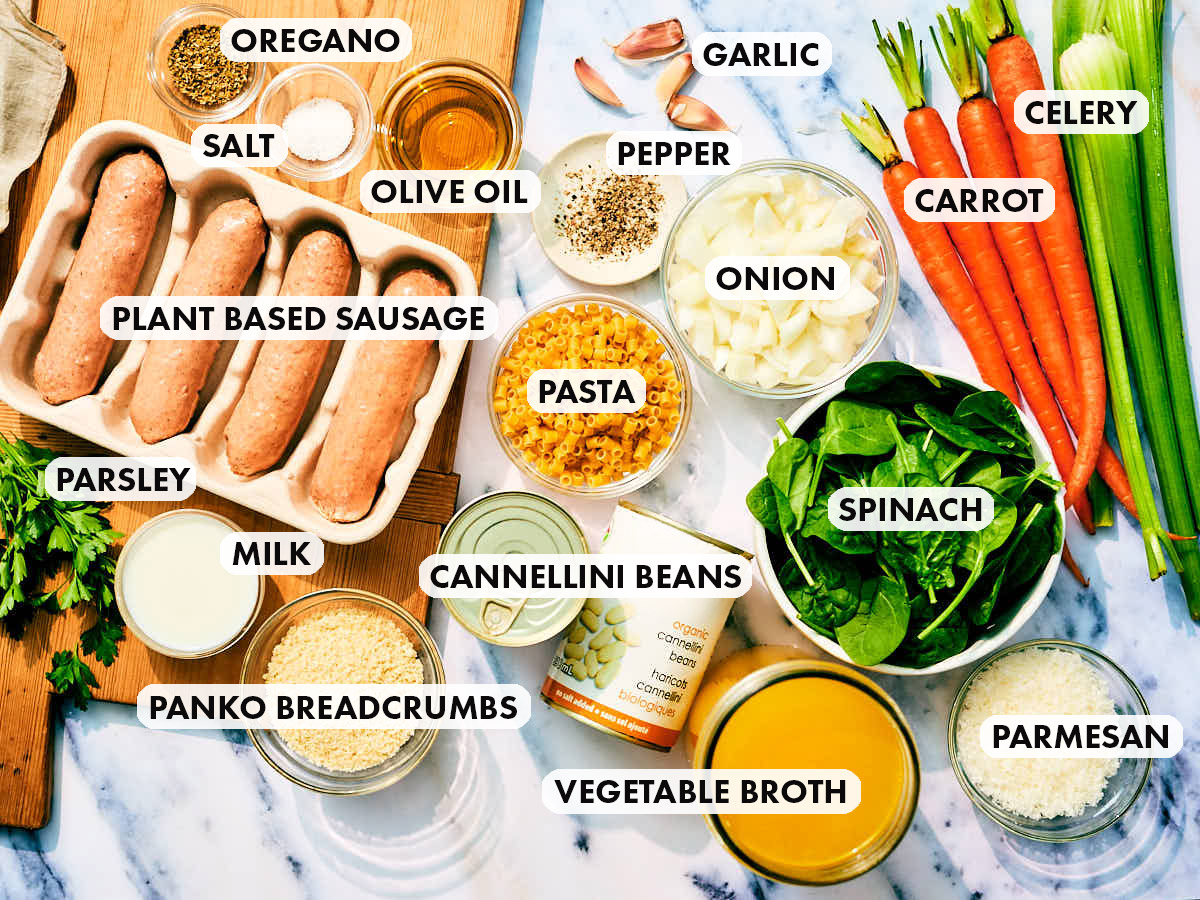 Ingredients to make Evergreen Kitchen's Vegan Italian Wedding Soup with beans.
