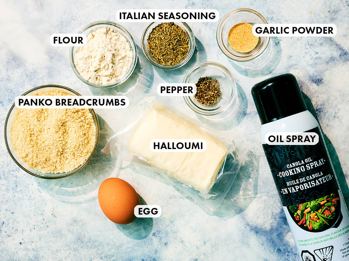 Ingredients to make Air Fryer Halloumi Fries with panko and Italian seasonings.