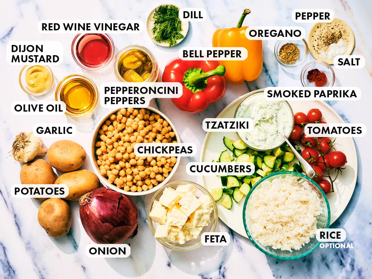 Ingredients to make Evergreen Kitchen's Sheet Pan Greek Veggie Feta Bowls.