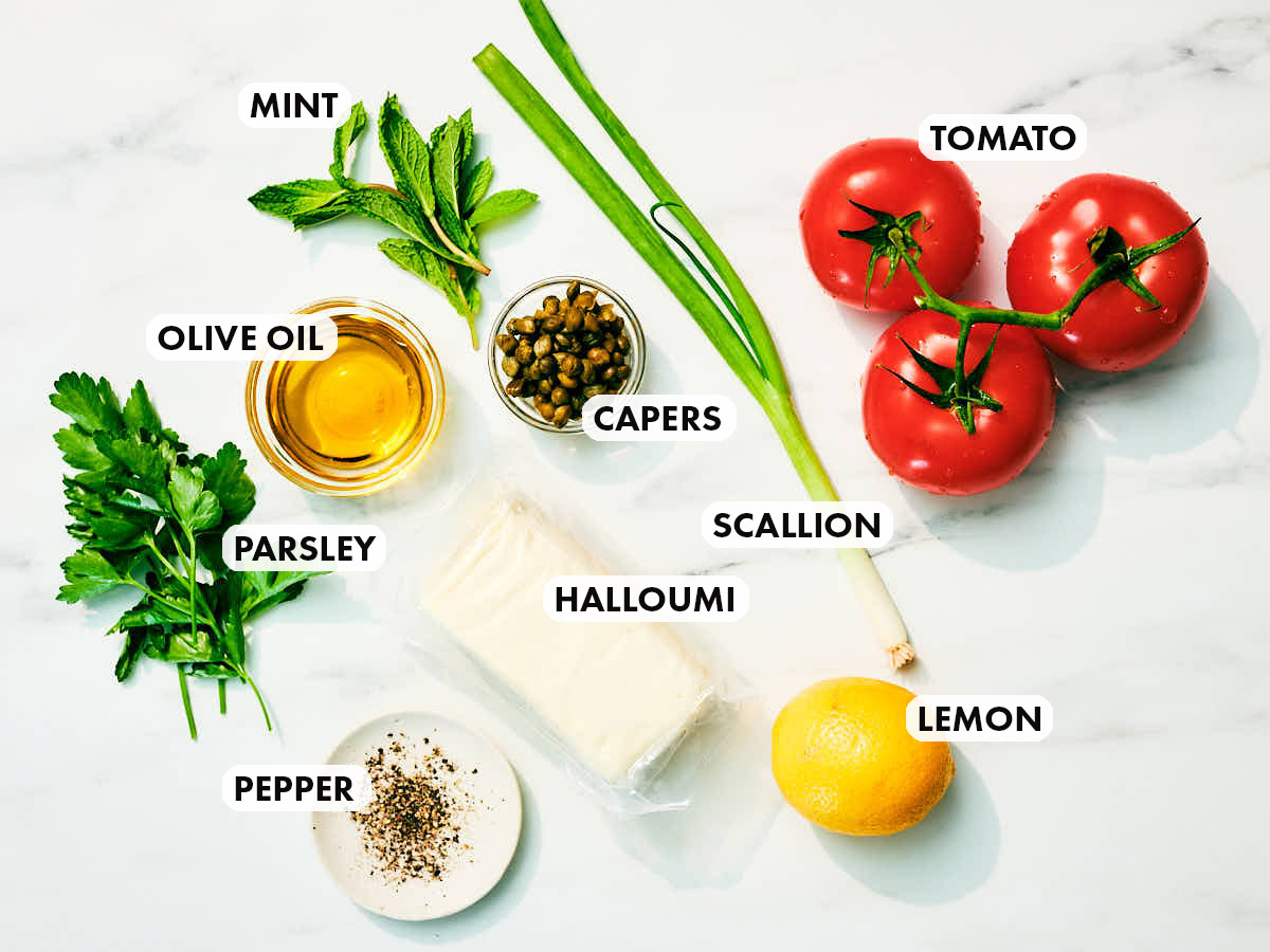 Ingredients to make Evergreen Kitchen's Halloumi Tomato Salad recipe.