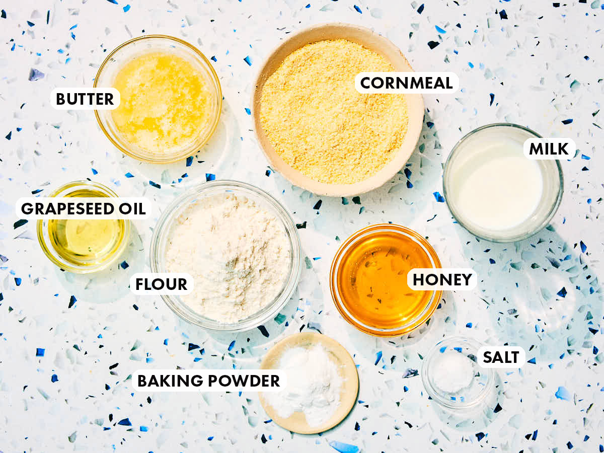 Ingredients to make Evergreen Kitchen's mini cornbread muffin recipe.