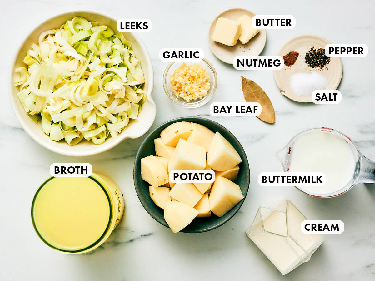 Ingredients to make Evergreen Kitchen's Slow Cooker Potato Leek Soup recipe.