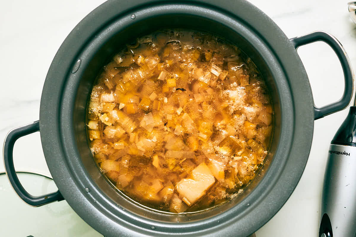 Slow Cooker Potato Leek Soup after cooking and before blending.