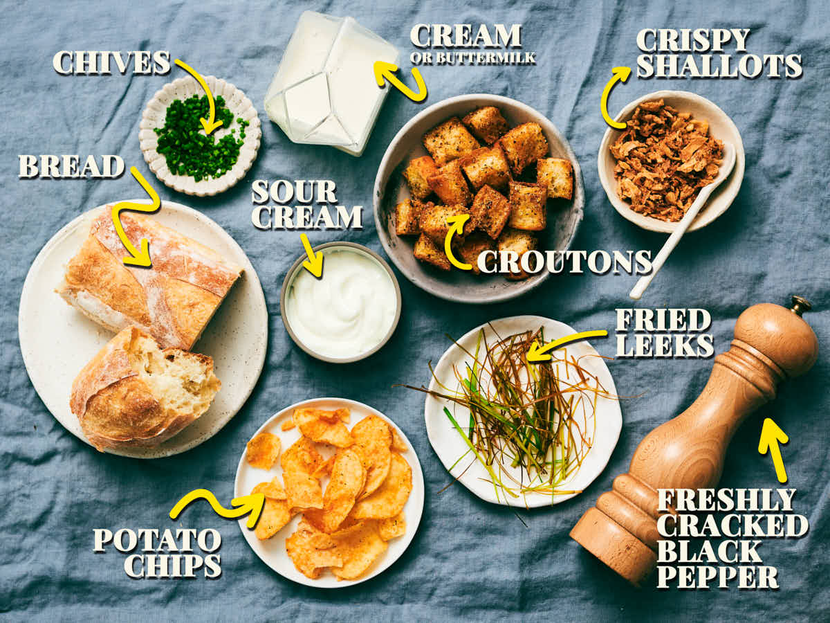 Topping ideas for potato leek soup including croutons, crispy onions, fried leeks, and chives.