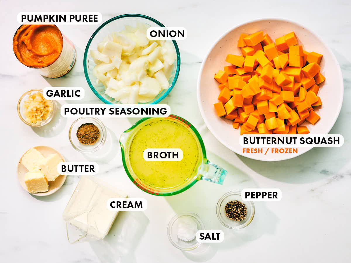 Ingredients to make Slow Cooker Pumpkin Soup, including canned pumpkin, butternut squash, and cream.