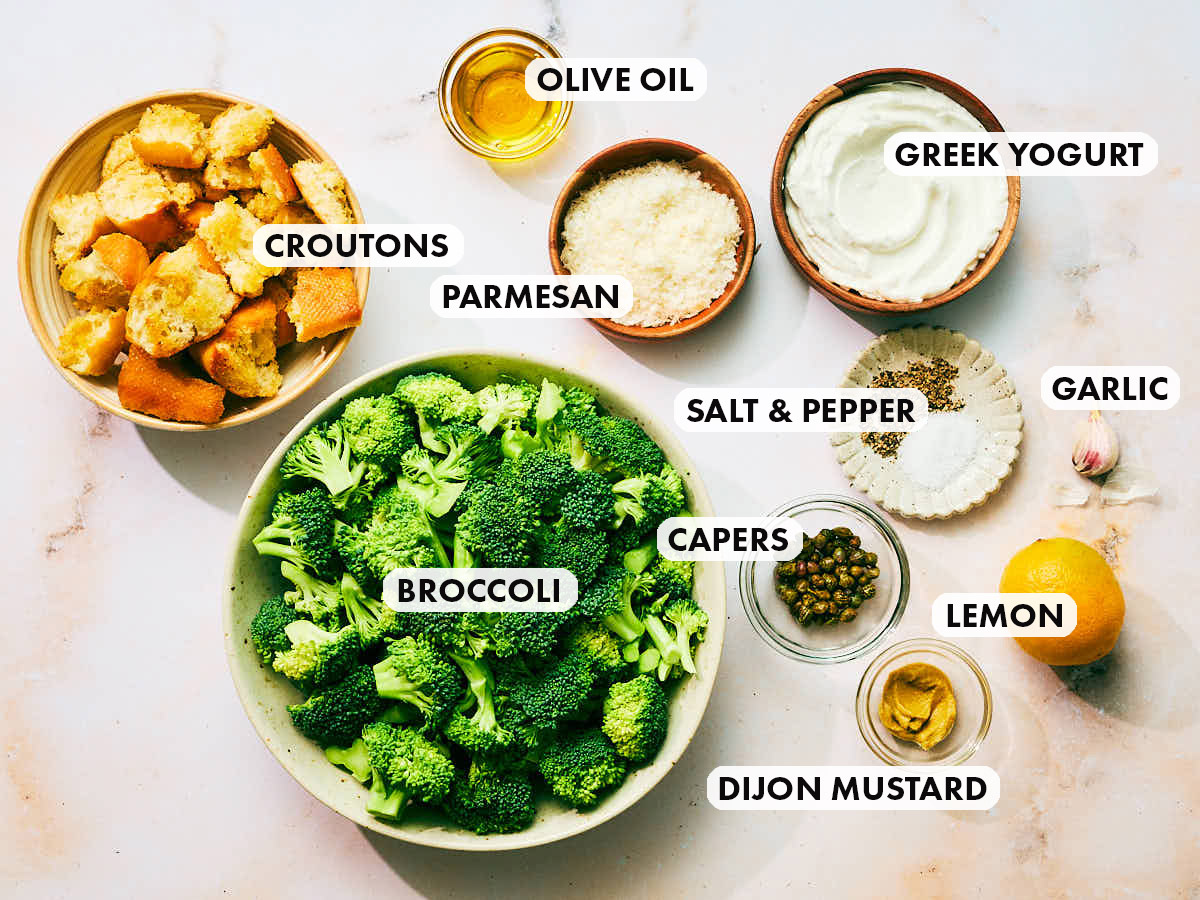 Ingredients to make Evergreen Kitchen's Broccoli Caesar Salad with Greek Yogurt dressing.