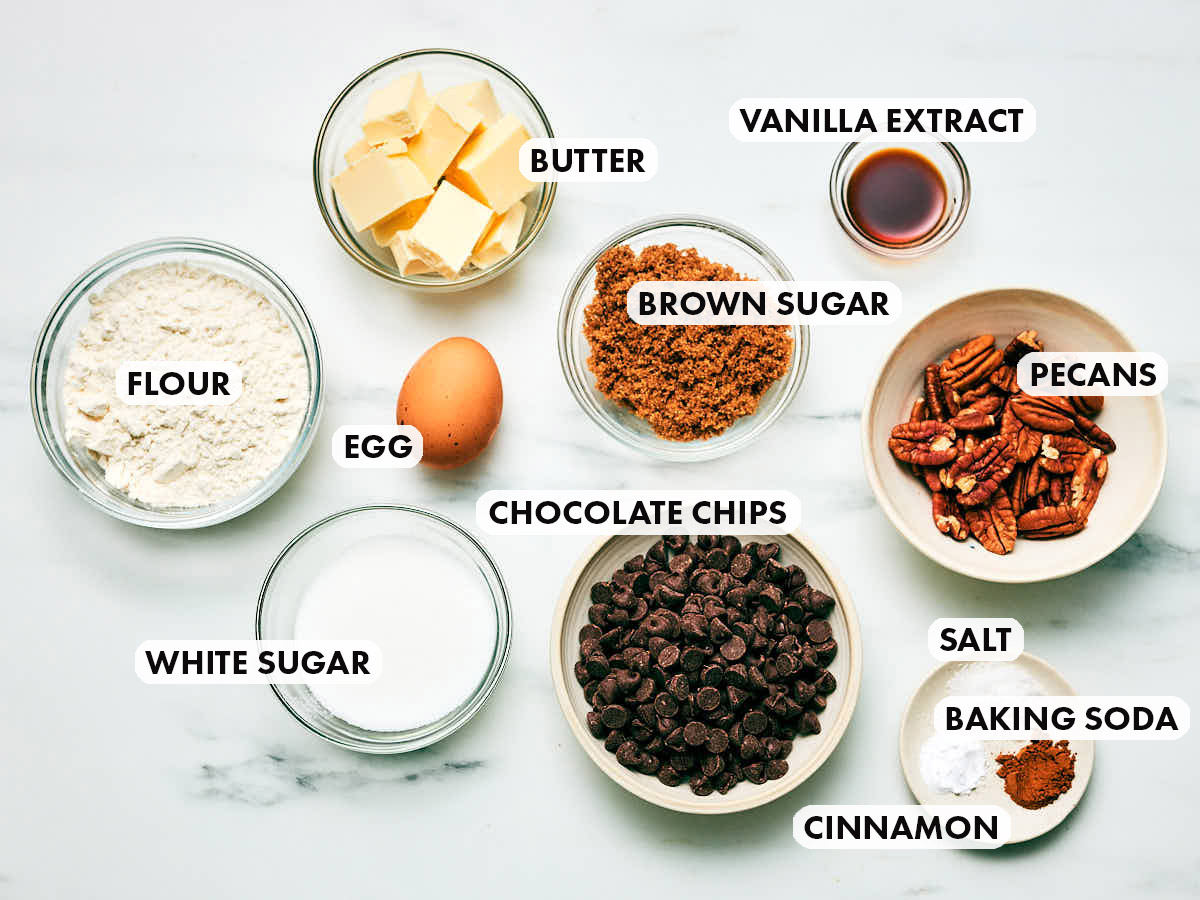 Ingredients to make Evergreen Kitchen's Chocolate Chip Pecan Cookies recipe.