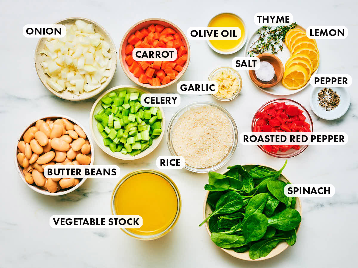 Ingredients to make Evergreen Kitchen's Lemony Rice and White Bean soup.