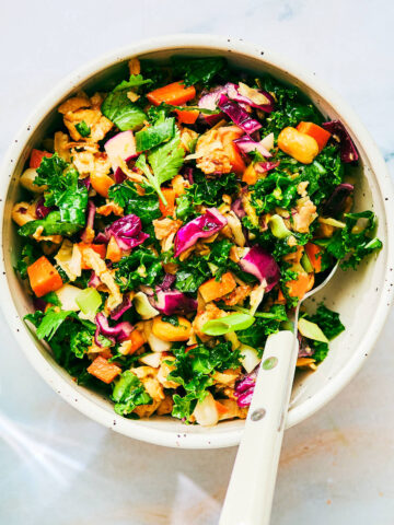 High Protein Asian Crunch Salad with peanut tofu in a bowl.